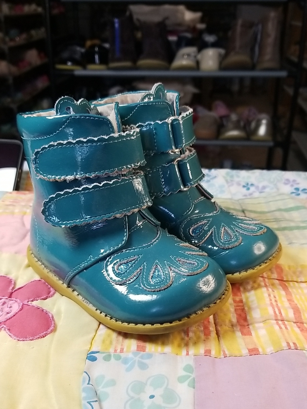 Livie & Luca Teal Patent Leather Double-Strap Flower Boots Size 7 Floret